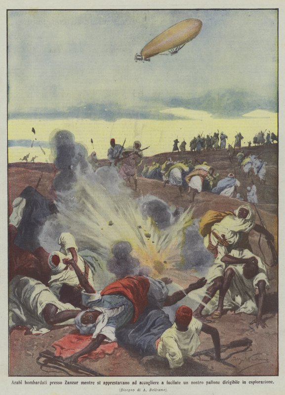Arabové bombardovali poblíž Zanzuru, když se připravovali na přivítání jednoho z našich balónů výstřelem? od Achille Beltrame