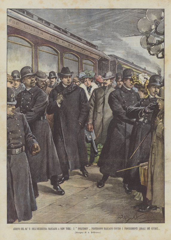 Příjezd M ° And Mascagni Orchestra V New Yorku, policisté chrání Mascagni před? od Achille Beltrame