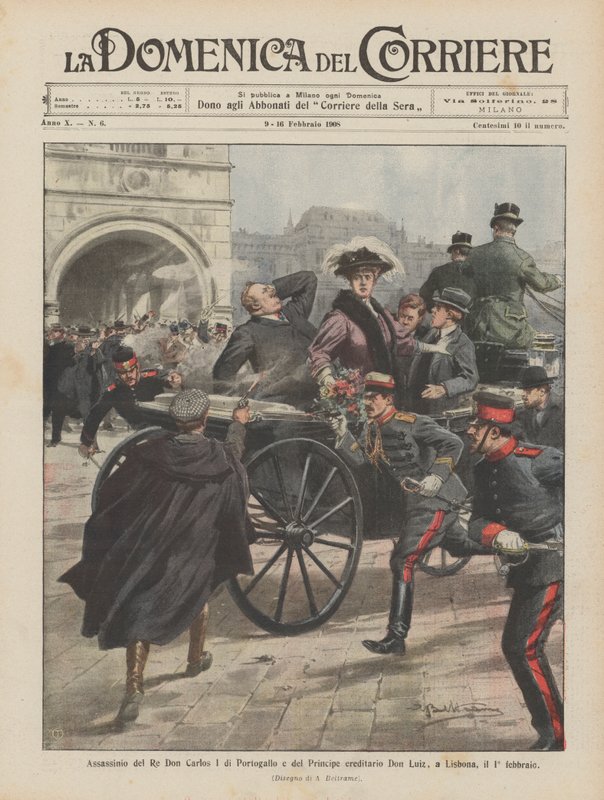 Atentát na portugalského krále Dona Carlose I. a korunního prince Dona Luize v Lisabonu 1. února od Achille Beltrame