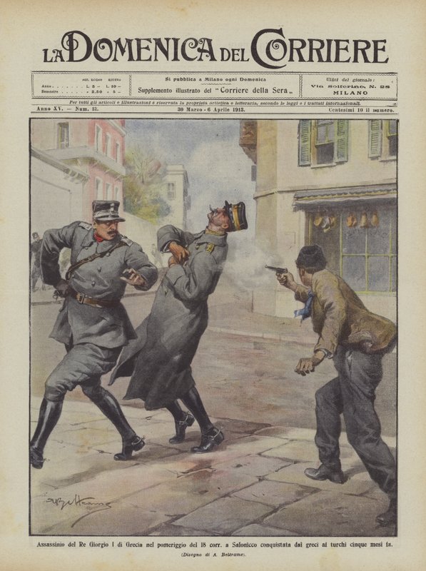 Atentát na řeckého krále Jiřího I. odpoledne 18. Corr v Soluni dobyté Řeky? od Achille Beltrame