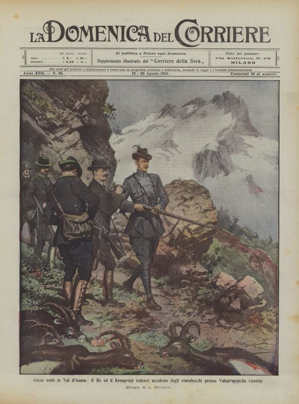 Královské hony ve Val dAosta, král a německý Kronprinz zabíjejí kozorožce poblíž Valsavaranche (Aosta) od Achille Beltrame
