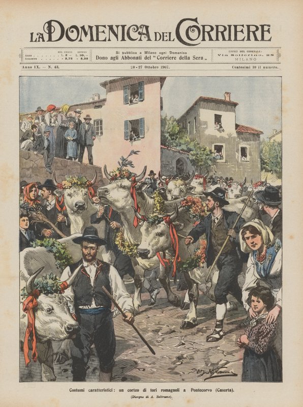 Charakteristické kostýmy, průvod býků Romagna v Pontecorvo (Caserta) od Achille Beltrame