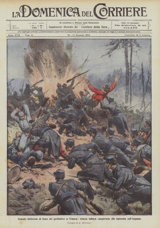 Krvavý křest ohněm Garibaldiho vojáky ve Francii, německý zákop dobytý bajonetem v Argonně od Achille Beltrame