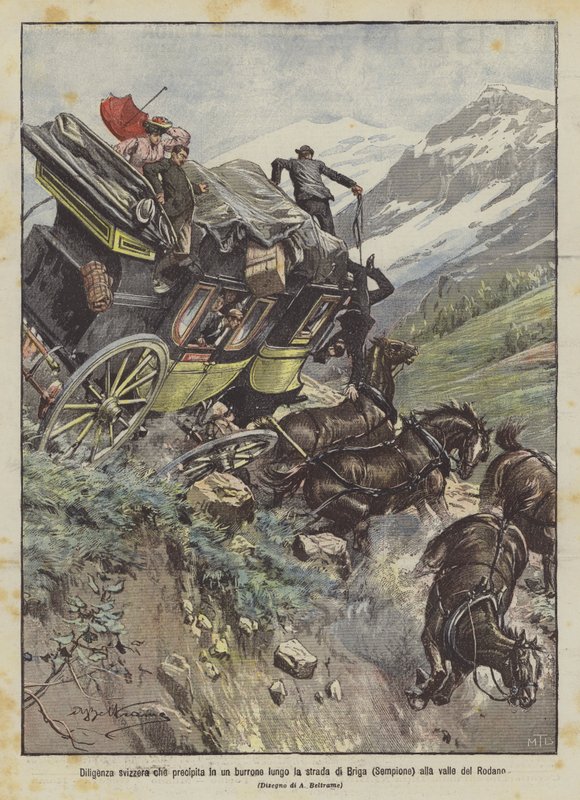 Švýcarský dostavník ponořující se do rokle podél silnice z Brigu (Simplon) do údolí Rhony od Achille Beltrame