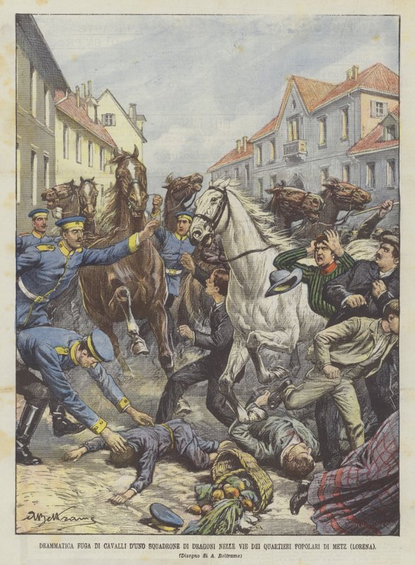 Dramatický útěk koní s eskadrou dragounů v ulicích populárních čtvrtí Metz (Lotrinsko) od Achille Beltrame