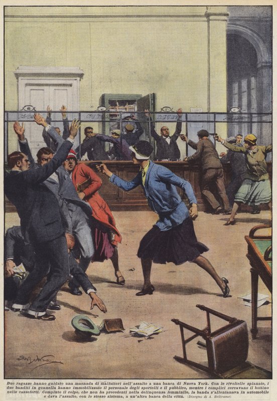 Dvě dívky vedly gang zločinců při přepadení newyorské banky. od Achille Beltrame
