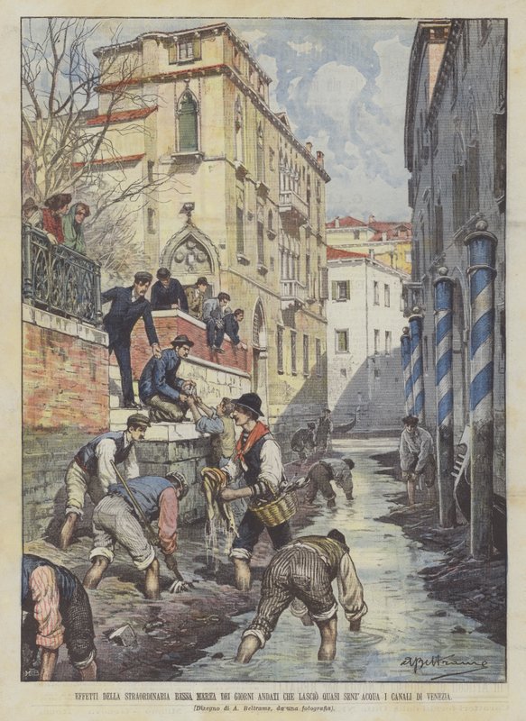 Účinky mimořádného odlivu zašlých dnů, které zanechávají benátské kanály téměř bez vody od Achille Beltrame