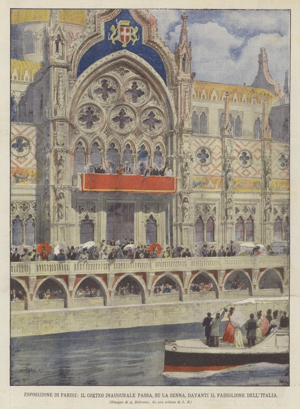 Pařížská expozice, zahajovací průvod prochází, na Seině, před italským pavilonem od Achille Beltrame