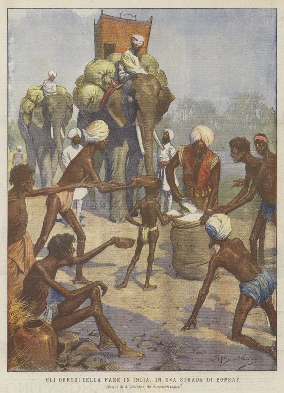Hrůzy hladu v Indii, v Bombay Street (barva litho) od Achille Beltrame
