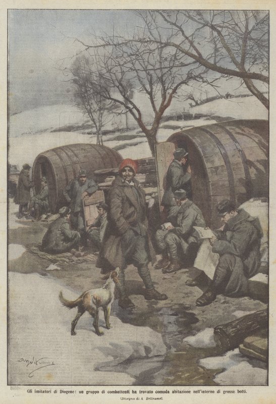 Diogenovi napodobitelé, skupina bojovníků, našla pohodlný domov ve velkých sudech. od Achille Beltrame