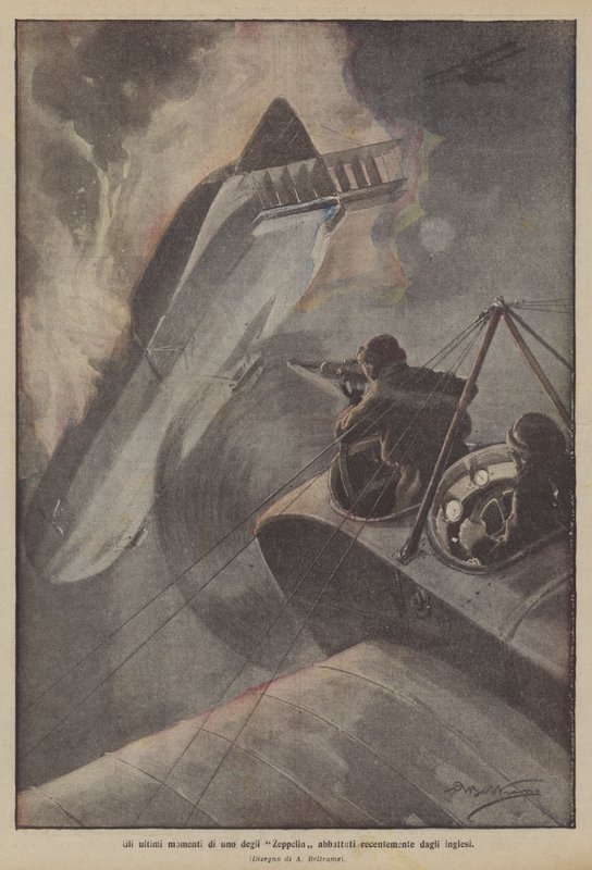 Poslední okamžiky jednoho ze Zeppelinů nedávno sestřeleného Brity od Achille Beltrame