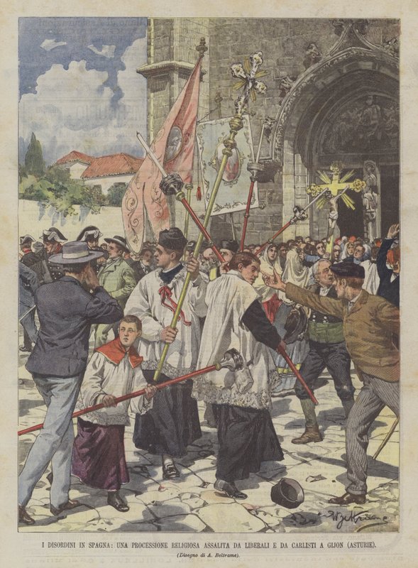 Nepokoje ve Španělsku, náboženský průvod napadený liberály a carlisty v Gijonu (Asturias) od Achille Beltrame