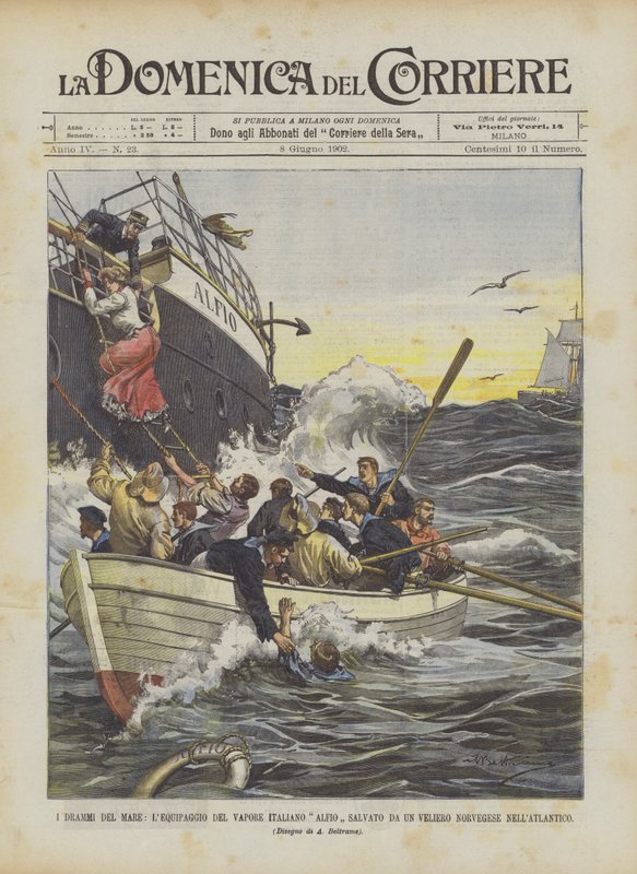 I Drammi Del Mare, posádka italského parníku Alfio zachráněná před norskou plachetnicí v Atlantiku od Achille Beltrame