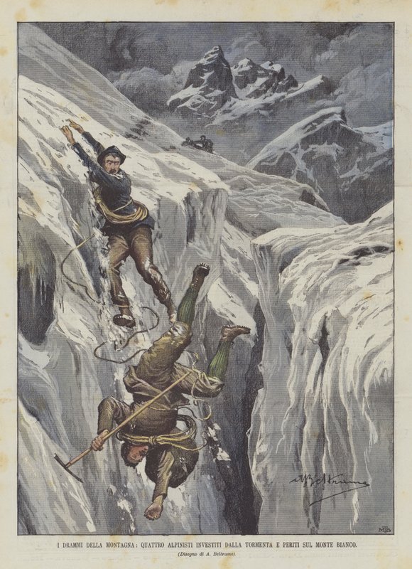 Horská dramata, čtyři alpinisté zasažení vánicí a odborníci na Mont Blanc od Achille Beltrame