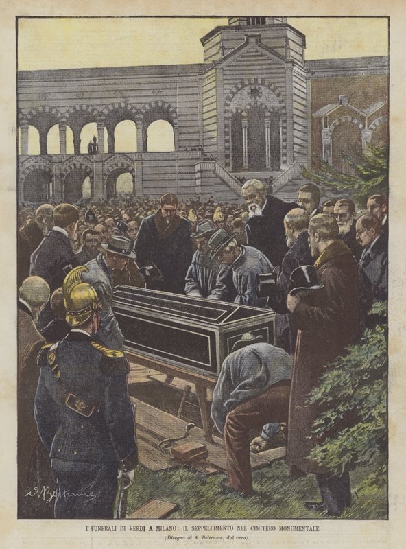 Verdiho pohřeb v Miláně, pohřeb na monumentálním hřbitově od Achille Beltrame