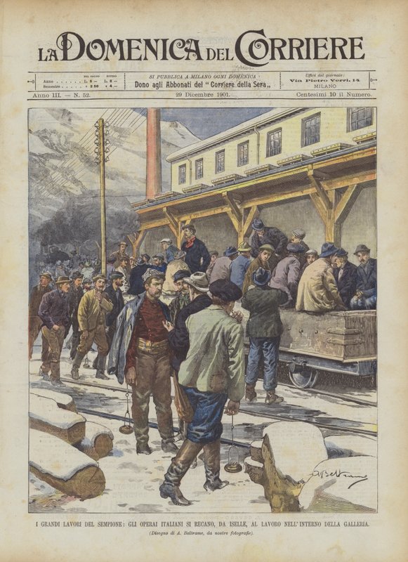 Velká díla Simplona, ​​Italští dělníci jdou, Z Iselle, K práci uvnitř galerie od Achille Beltrame
