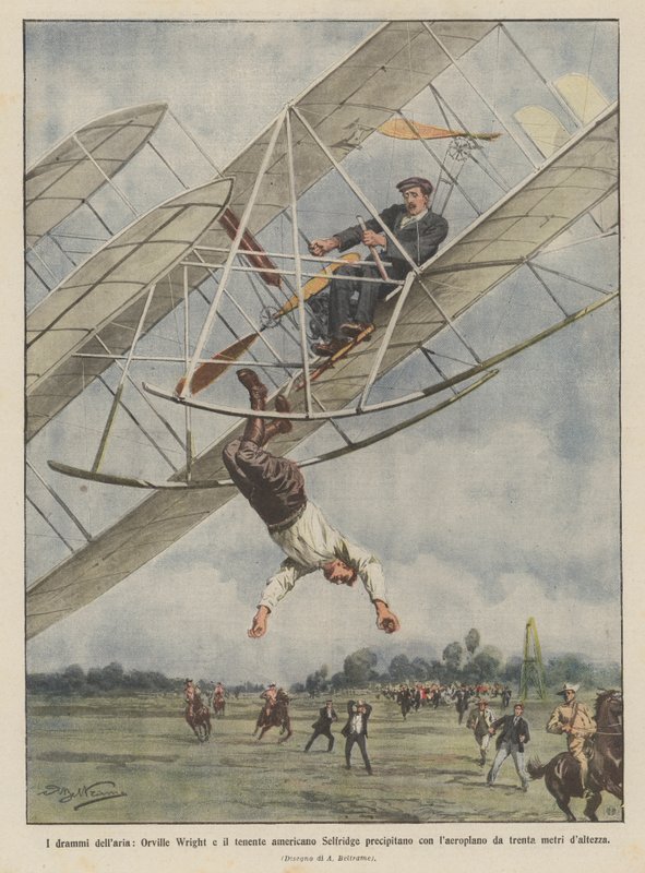 Letecká dramata, Orville Wright a americký poručík Selfridge havarují s letadlem? od Achille Beltrame