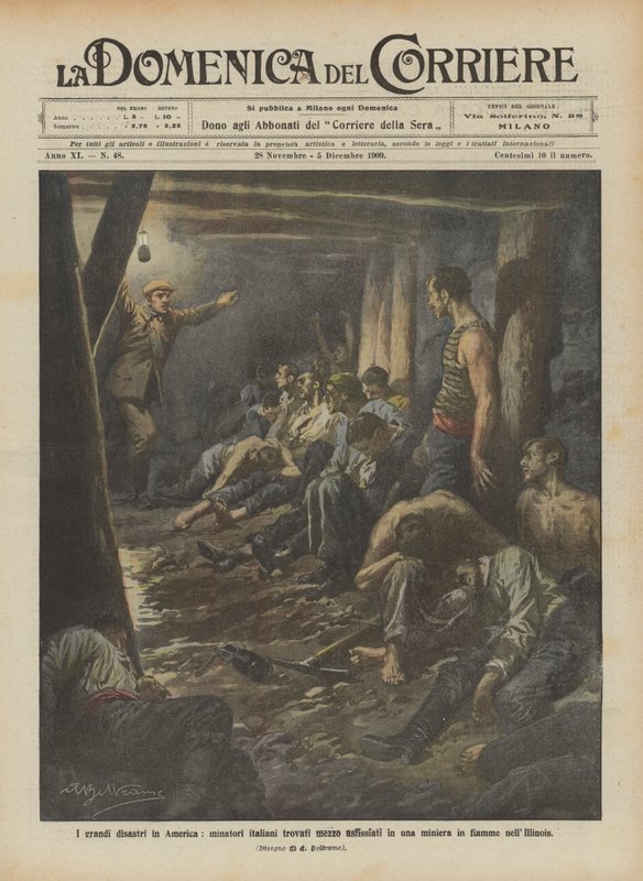 Při velkých katastrofách v Americe našli italští horníci napůl udušené v hořícím dole v Illinois od Achille Beltrame