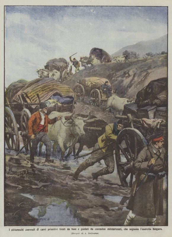 Malebné konvoje primitivních povozů tažených voly řízenými militarizovanými rolníky? od Achille Beltrame