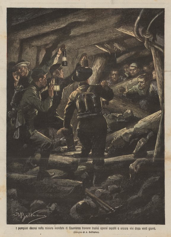 Hasiči sestoupili do zatopených dolů Courrieres, našli pohřbených třináct dělníků a další? od Achille Beltrame