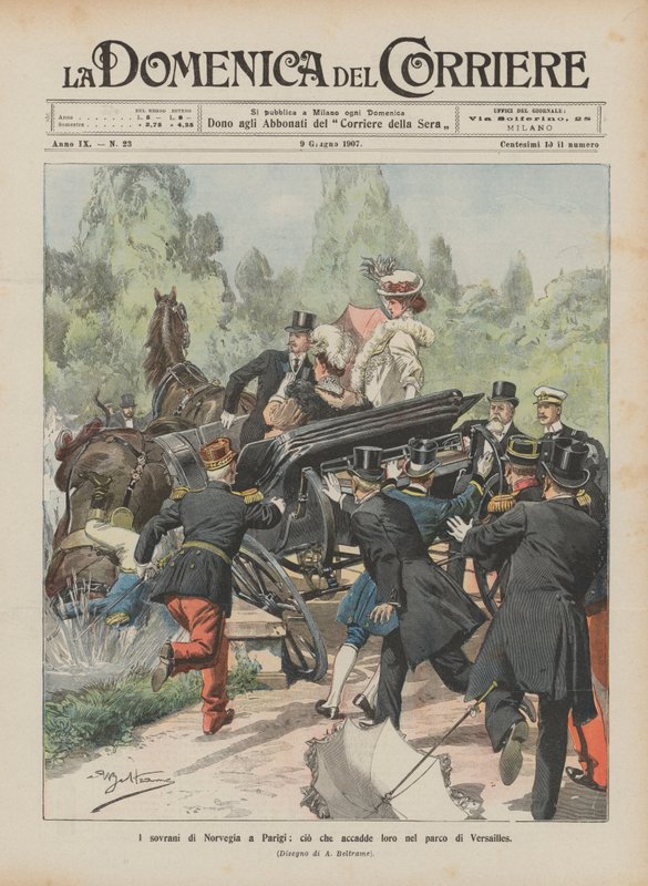 Vládci Norska v Paříži, co se jim stalo v parku Versailles od Achille Beltrame