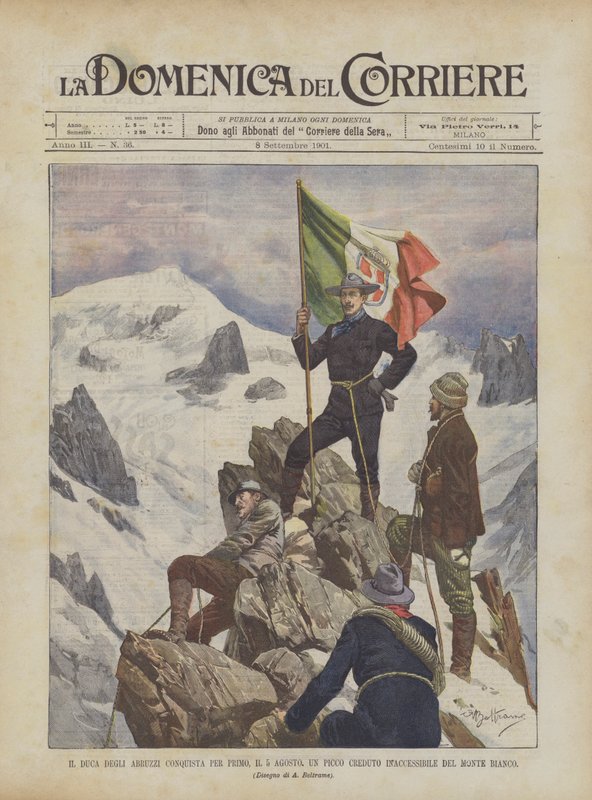 Duca Degli Abruzzi jako první zdolal 5. srpna vrchol, o kterém se věřilo, že je na Mont Blancu nedostupný. od Achille Beltrame