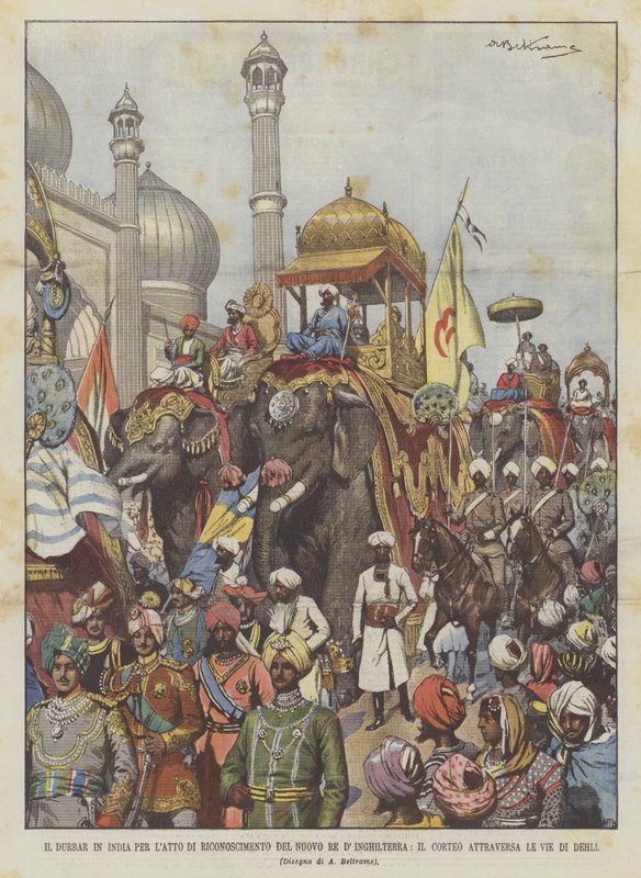 Durbar v Indii K zákonu o uznání nového krále Anglie průvod křižuje ulice Dehli od Achille Beltrame