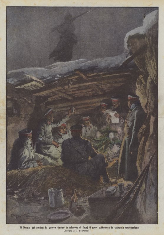Vánoce válečných vojáků uvnitř zákopů, mráz venku, neustálé chvění v podzemí od Achille Beltrame