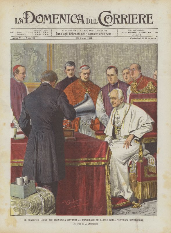 Papež Lev XIII. pronáší slova apoštolského požehnání před gramofonem. od Achille Beltrame