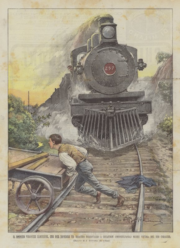 Veronese Boy Zamperini, kdo má zabránit železniční katastrofě v Ducannon? od Achille Beltrame