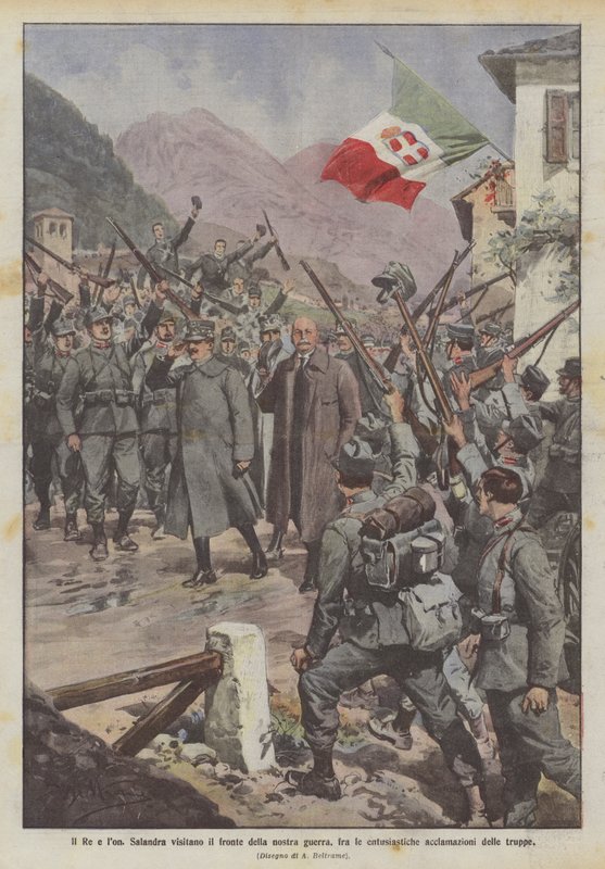 Král a Salandra navštíví frontu naší války, uprostřed nadšeného jásotu vojáků od Achille Beltrame