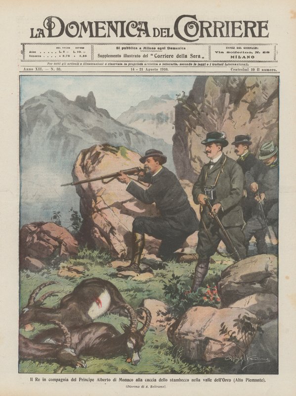 Král ve společnosti monackého prince Alberta loví kozorožce v údolí Orco (Horní Piemont) od Achille Beltrame