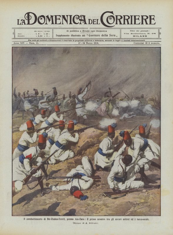 Boj Bir-Rodan-Scerif, poblíž Ain-Zara, první střet mezi eritrejskými askari a tureckými Araby od Achille Beltrame