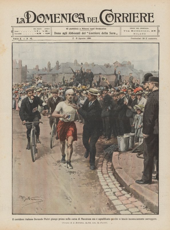 Italský běžec Dorando Pietri je na prvním místě v maratonu, ale proč je diskvalifikován? od Achille Beltrame