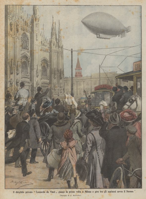 Soukromá vzducholoď Leonardo da Vinci poprvé připlouvá do Milána a otáčí se za potlesku nad Duomo od Achille Beltrame