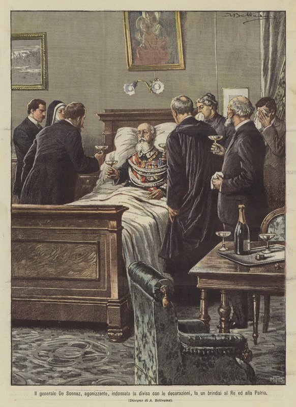 Generál De Sonnaz v agónii v uniformě s vyznamenáním pronáší přípitek na krále a vlast od Achille Beltrame