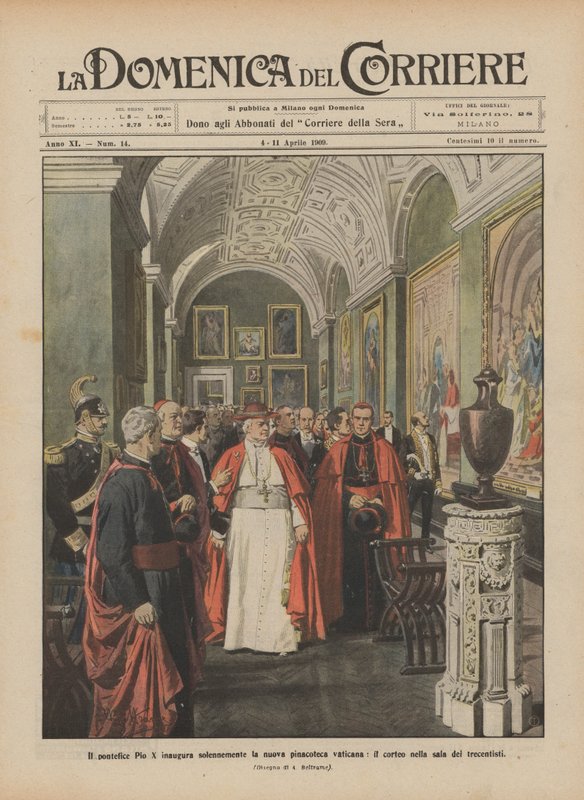 Papež Pius X. slavnostně inauguruje novou vatikánskou obrazárnu, procesí v sále 14. století od Achille Beltrame