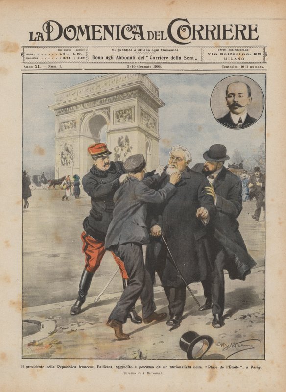 Prezident Francouzské republiky, Fallieres, napaden a zbit nacionalistou v? od Achille Beltrame