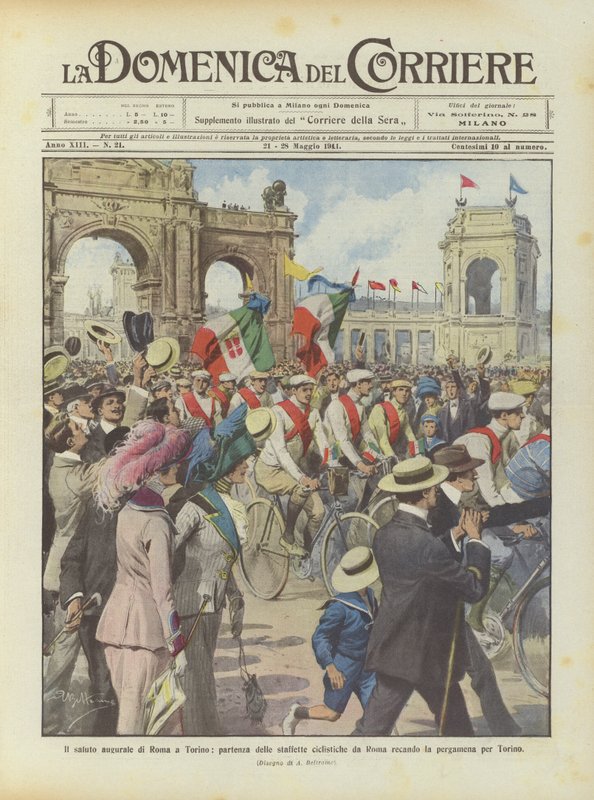Pozdravy z Říma do Turína, odjezd cyklistických štafet z Říma nesoucích pergamen do Turína od Achille Beltrame