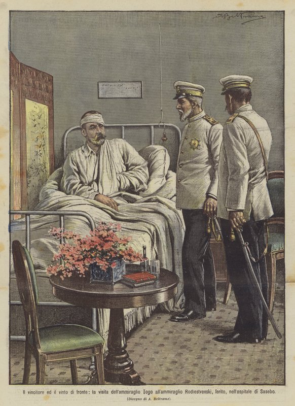 Vítěz a poražený vpředu, návštěva admirála Toga u admirála Rodiestvenského? od Achille Beltrame
