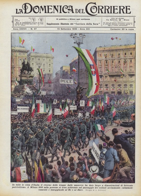 Ve všech italských městech se po návratu vojáků z manévrů konaly demonstrace ? od Achille Beltrame