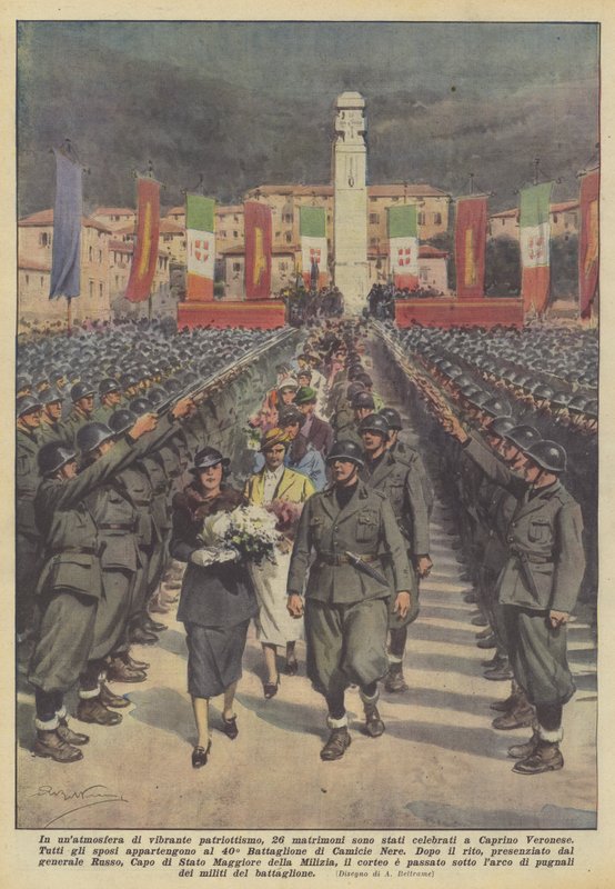 V atmosféře živého patriotismu se v Caprino Veronese uzavřelo 26 sňatků. od Achille Beltrame
