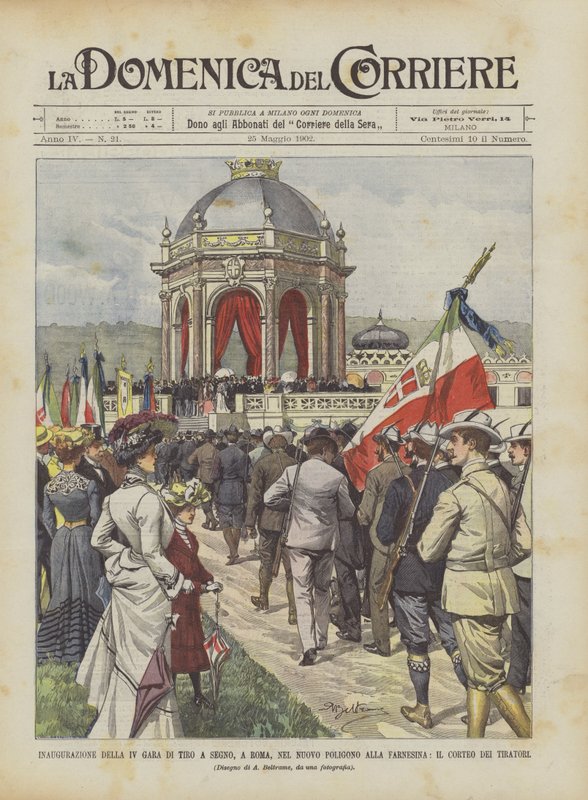 Zahájení IV střelecké soutěže v Římě na nové střelnici ve Farnesině, Corteo Dei Tiratori od Achille Beltrame