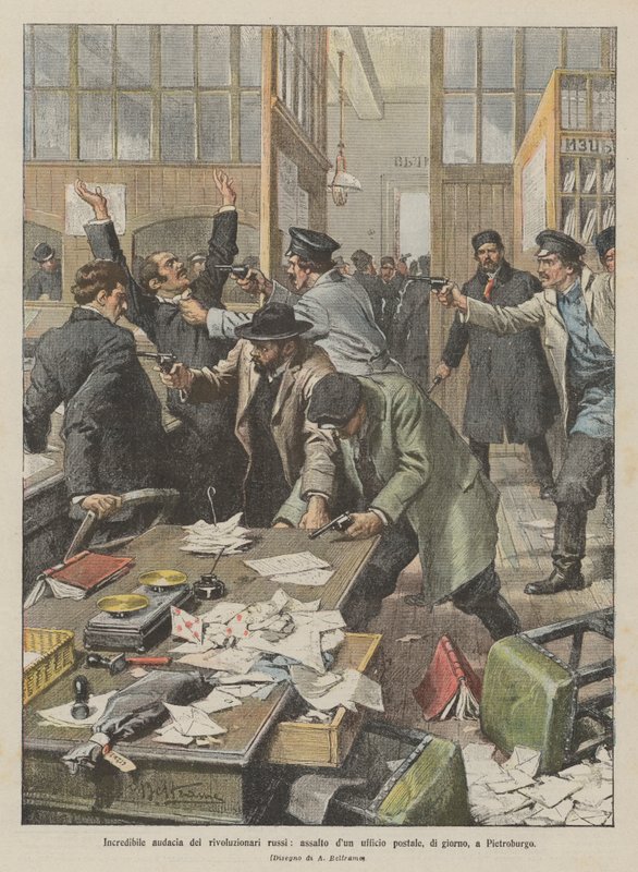 Neuvěřitelná drzost ruských revolucionářů, útok na poštu, během dne, v Petrohradě od Achille Beltrame