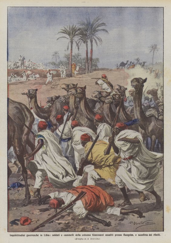 Válečný neklid v Libyi, útočili vojáci a velbloudi z kolony Gianinazzi? od Achille Beltrame
