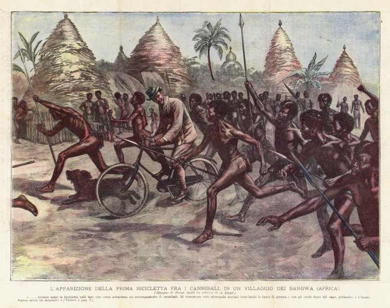Zjevení prvního kola mezi lidožrouty ve vesnici Bangwa (Afrika) od Achille Beltrame