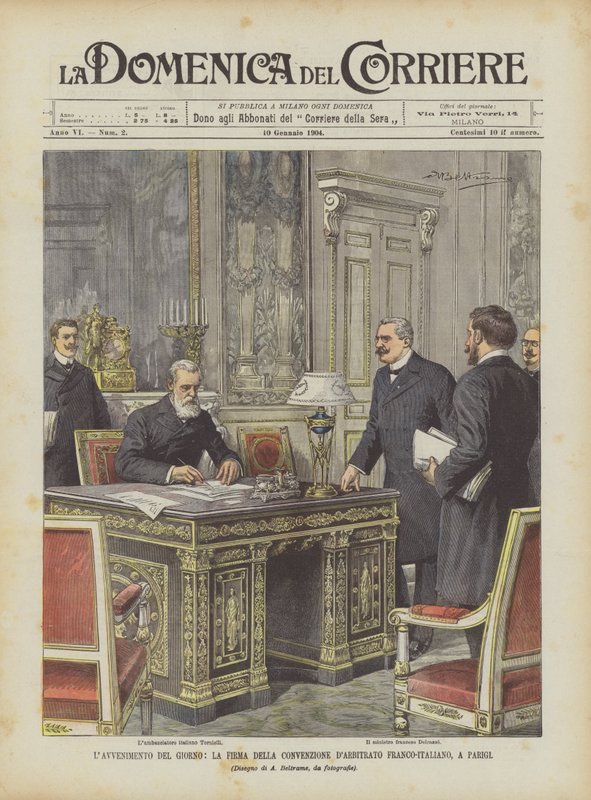 Událost dne, podepsání francouzsko-italské arbitrážní úmluvy, v Paříži od Achille Beltrame