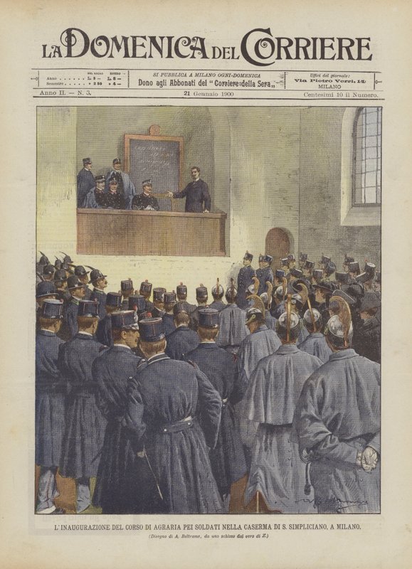 Slavnostní zahájení zemědělského kurzu pro vojáky v kasárnách S Simpliciano v Miláně od Achille Beltrame