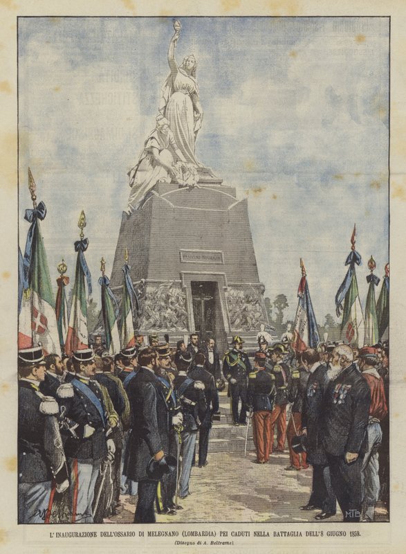 Inaugurace Ossario Di Melegnano (Lombardie) za padlé v bitvě 8. června 1859 od Achille Beltrame