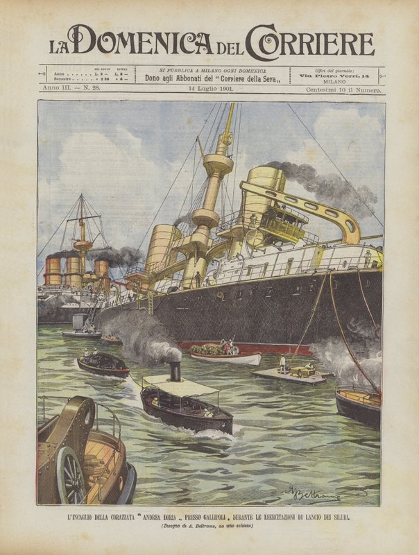Uvíznutí bitevní lodi Andrea Doria poblíž Gallipoli během cvičení vypouštění torpéd od Achille Beltrame